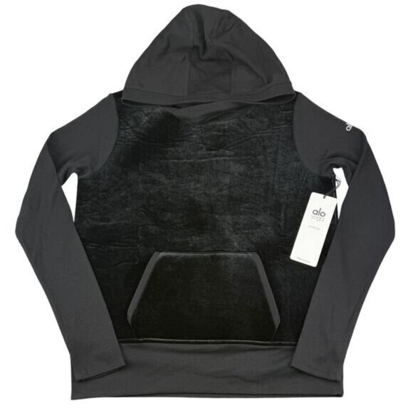 NWT ALO YOGA Luxe Long Sleeve Velour Hoodie Sweatshirt Size XS In Black - Picture 4 of 8